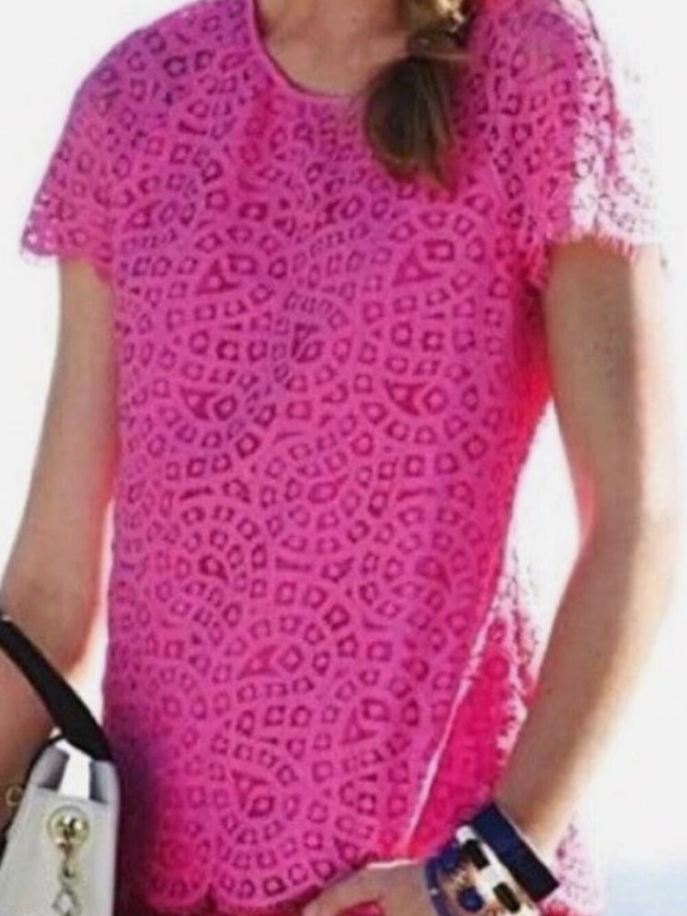 J. Crew. Pink Lace Short-Sleeve Blouse with Scalloped Hem. Size 6.